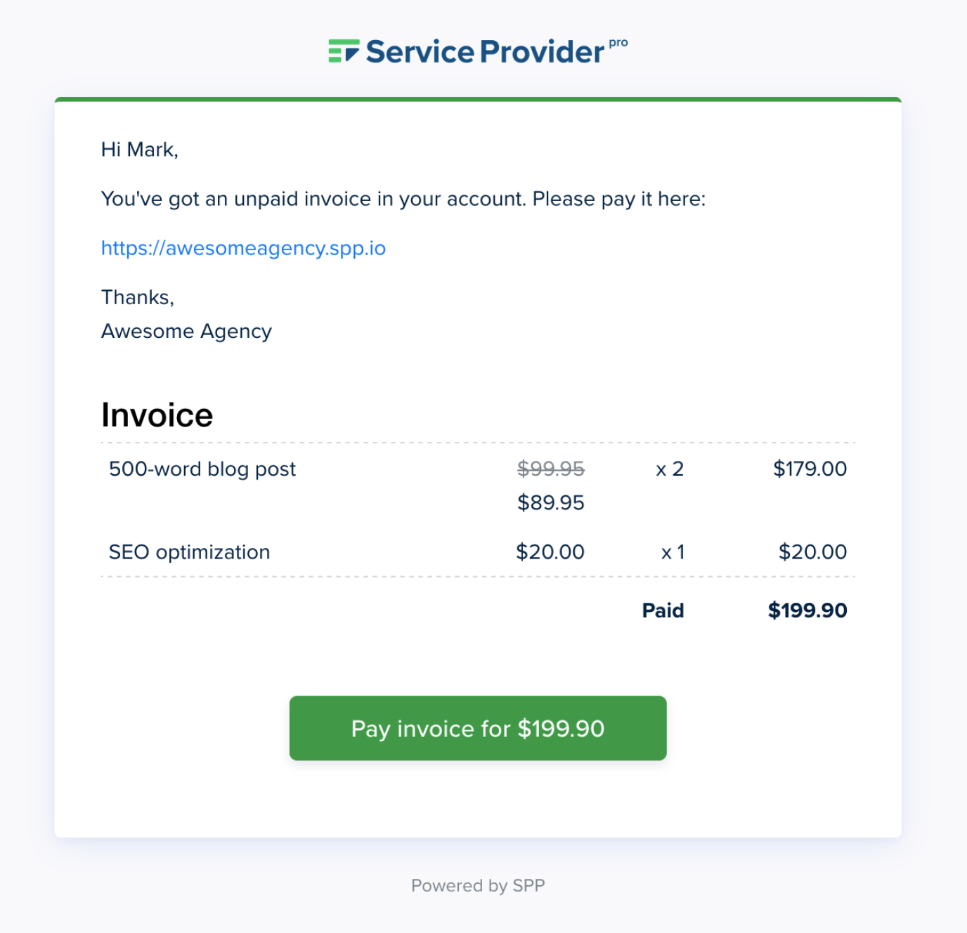 Service Provider Pro automatic payment reminder email