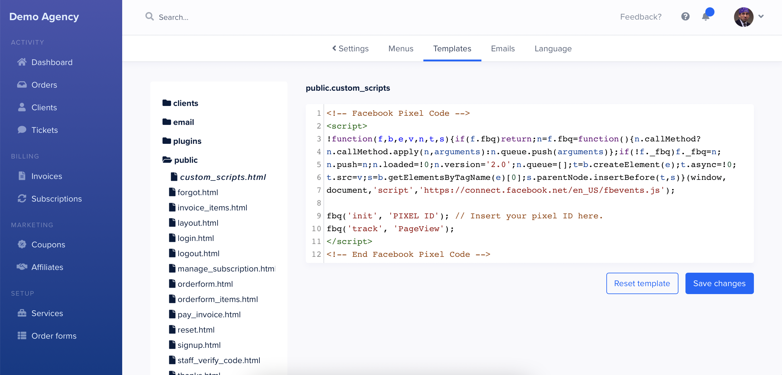 SPP facebook pixel code tracking custom_scripts template