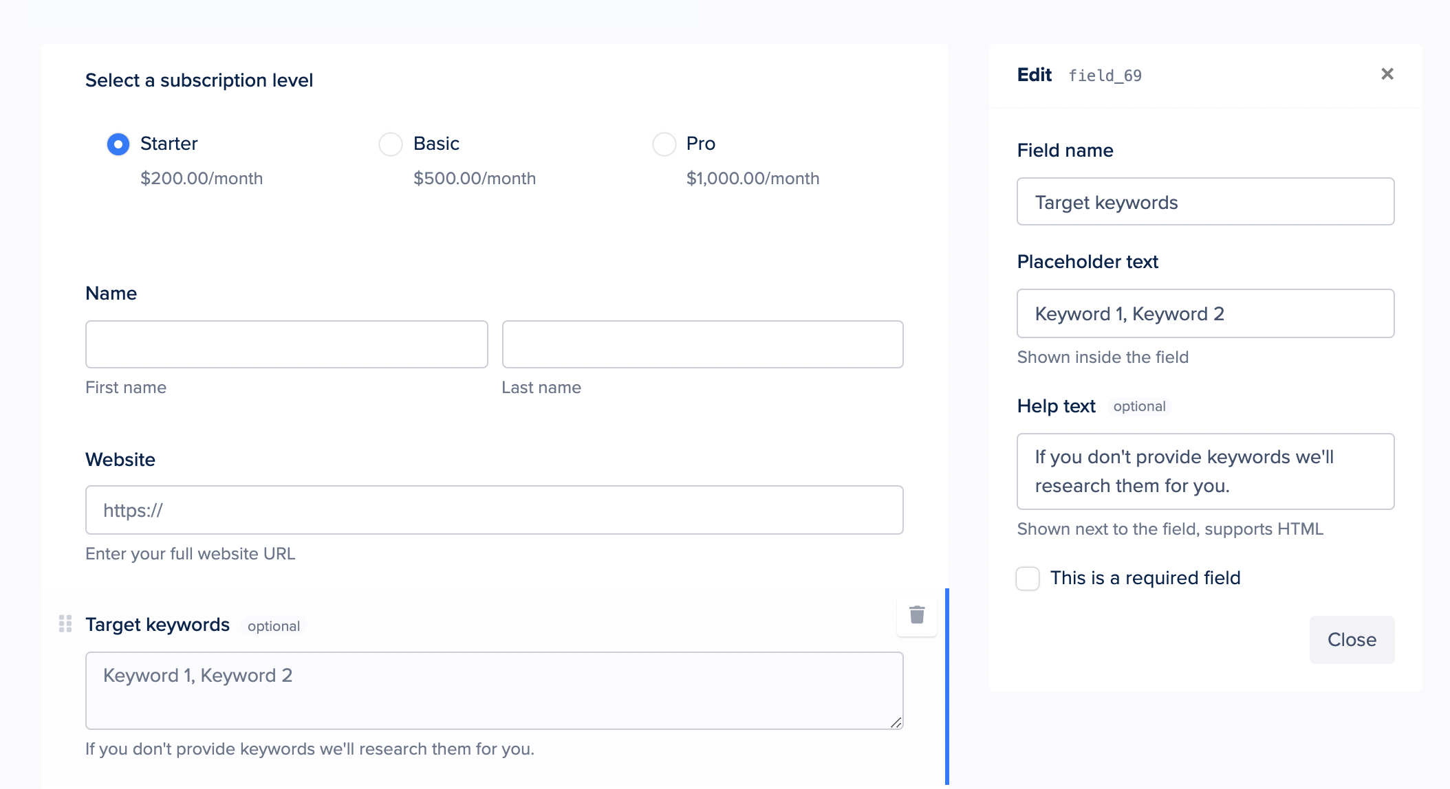 SPP order form builder