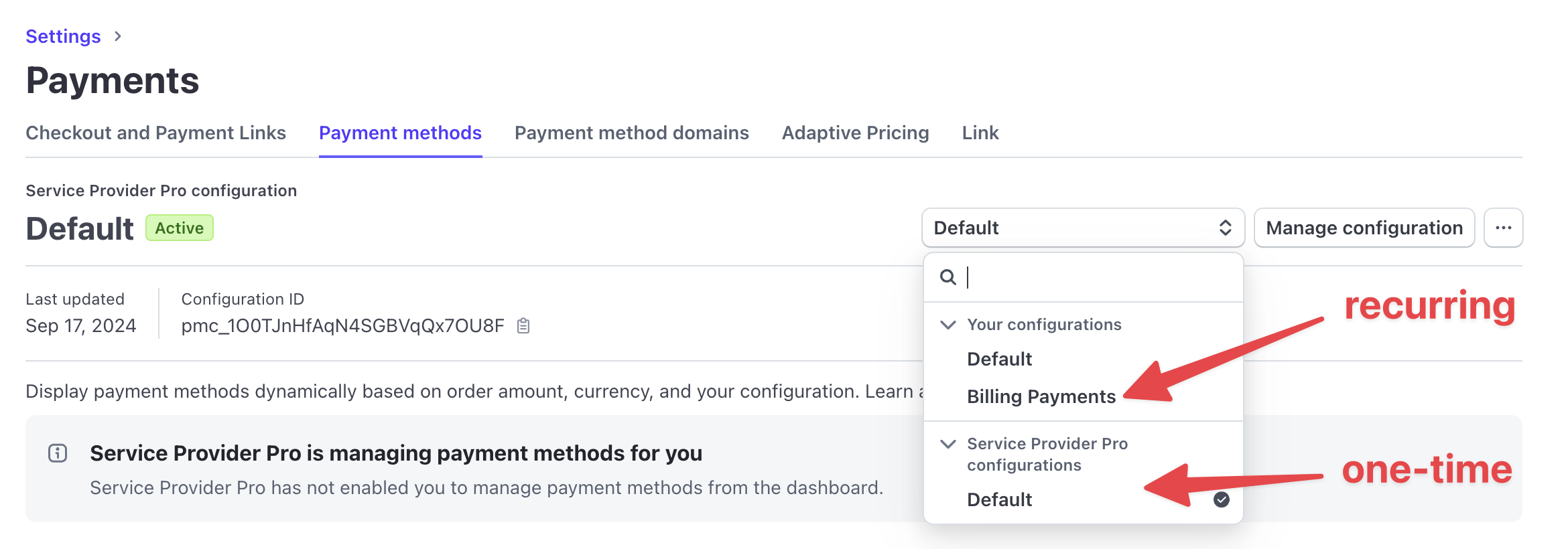 Stripe payment method management page