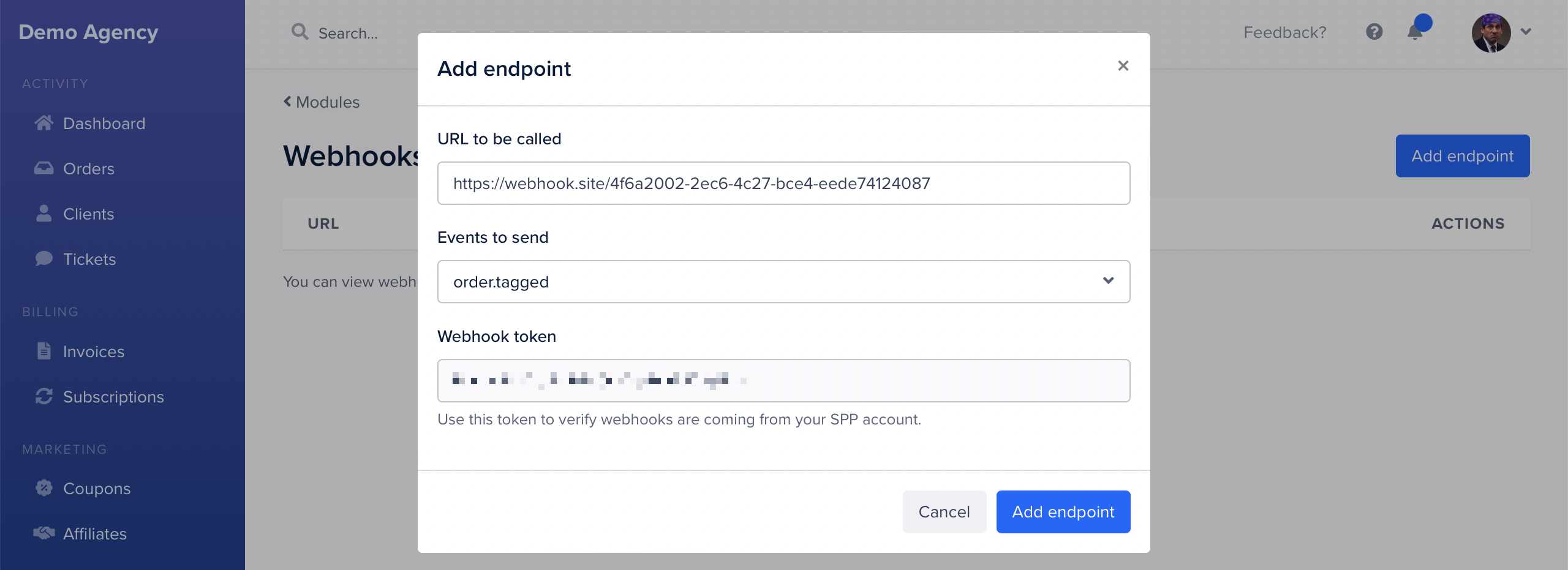 SPP webhooks endpoint setting