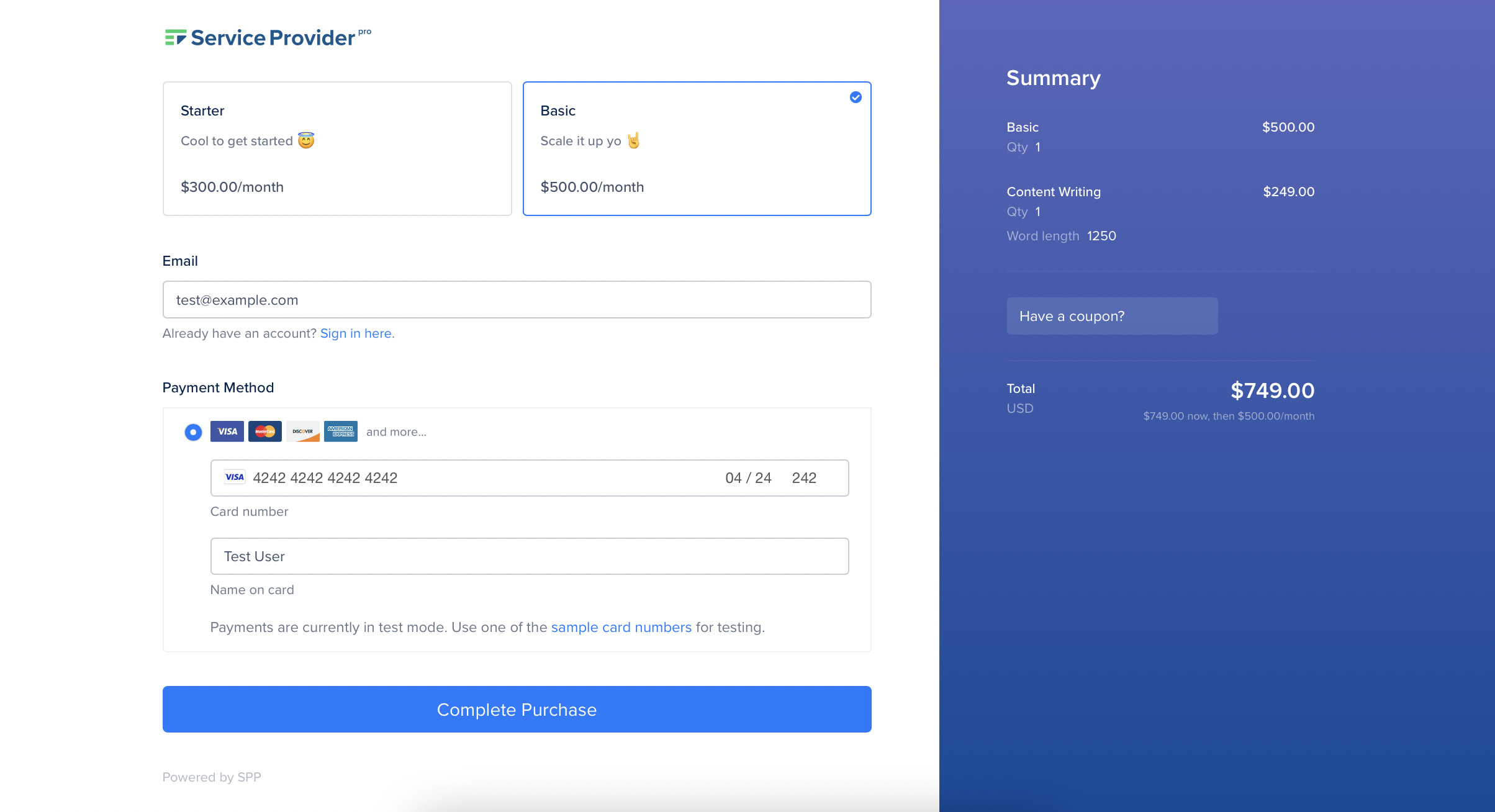 Test your checkout process with SPP sandbox mode