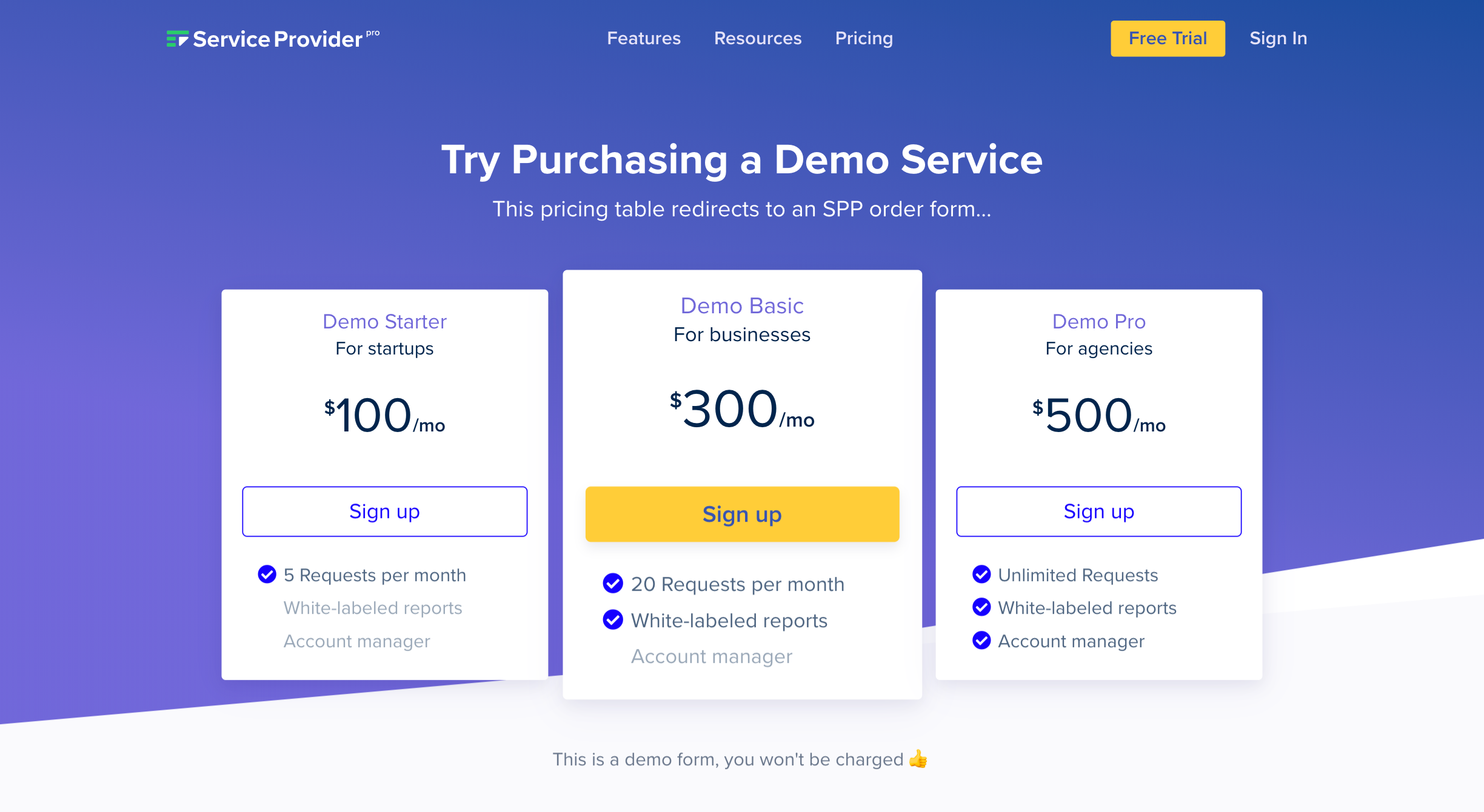 Pricing table on your website