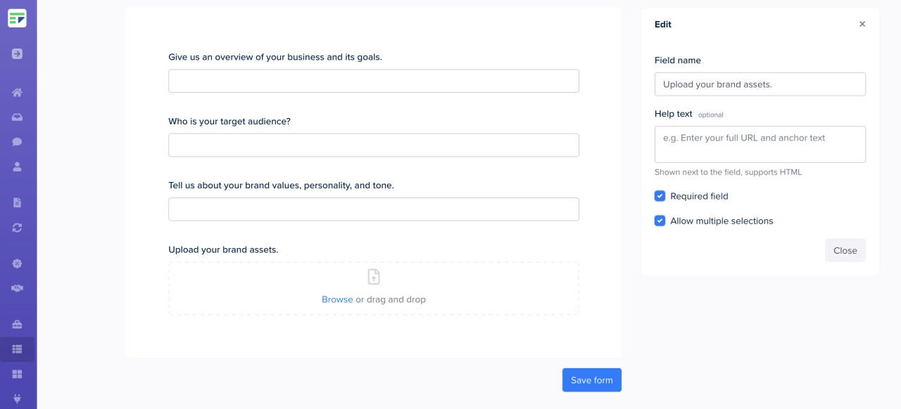 create branding questionnaire in SPP