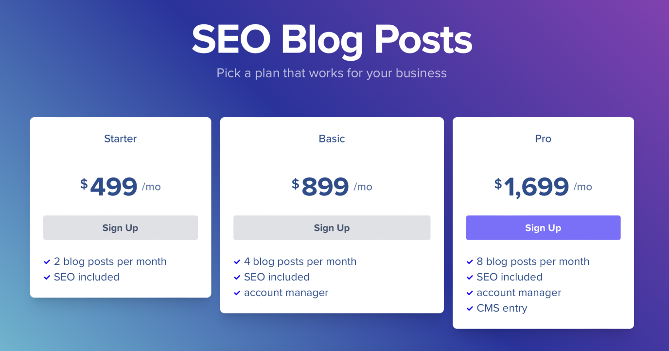 SEO blog posts pricing table example
