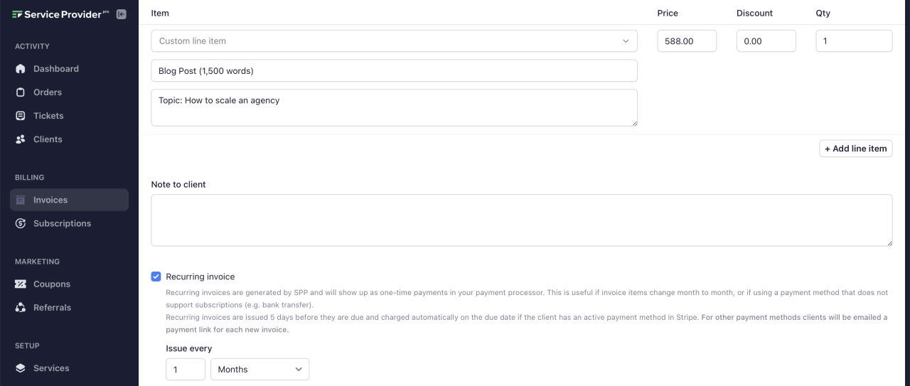 recurring invoice option in SPP