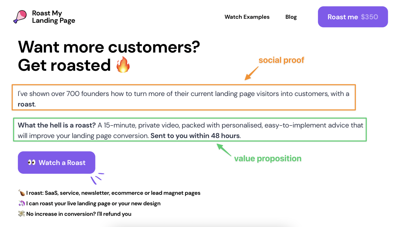 roastmylandingpage.com social proof and value proposition
