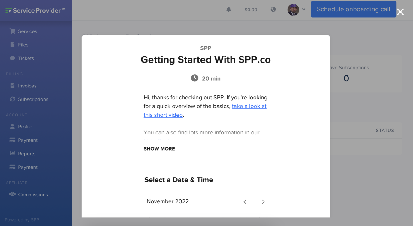 schedule kickoff meeting (Calendly loading inside SPP)