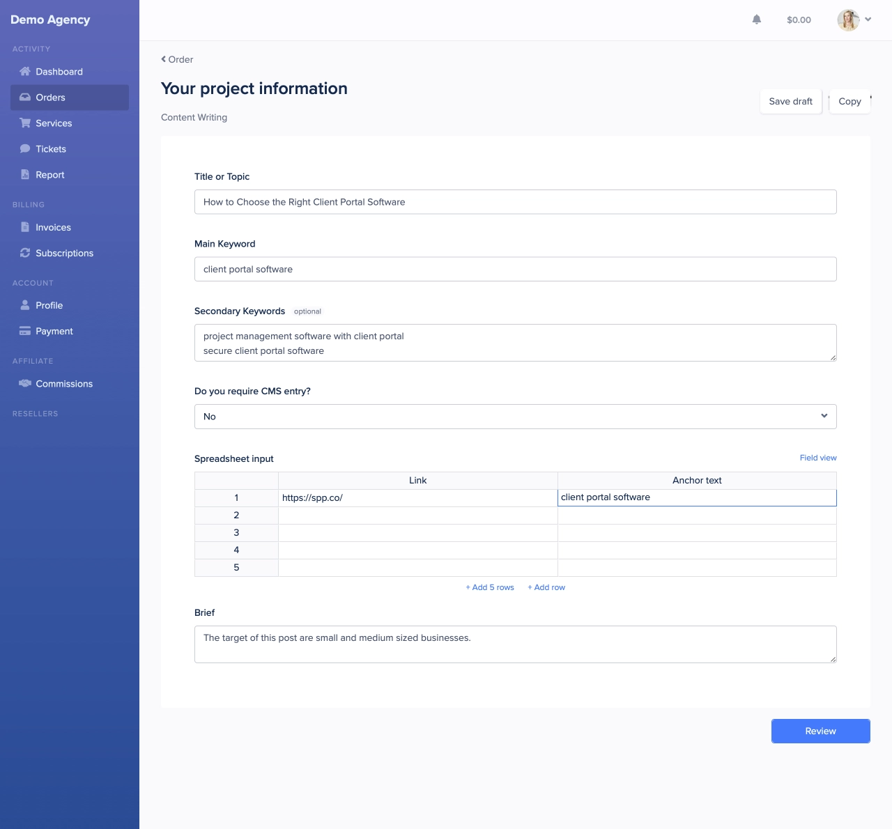 SPP Client intake form example