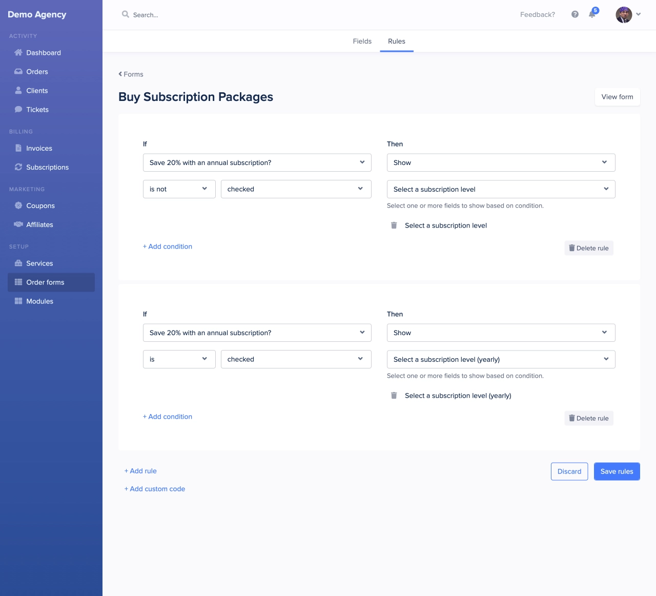 SPP order form rules settings