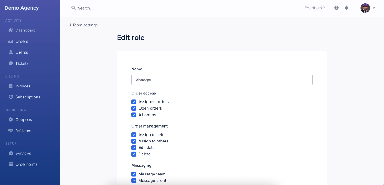 SPP team roles settings