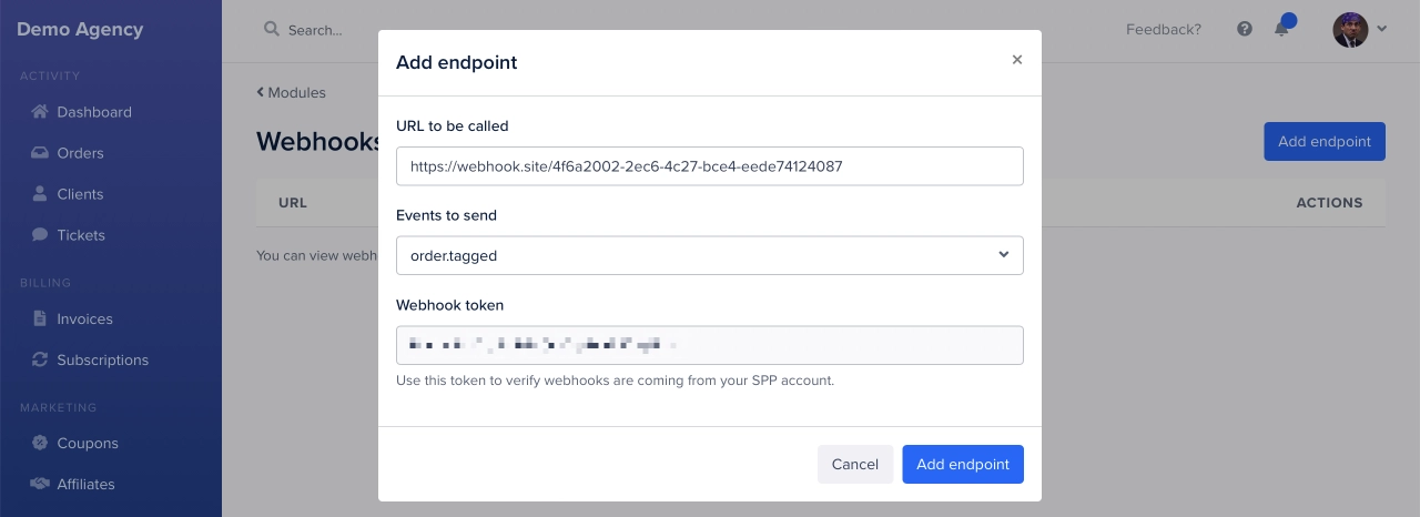 SPP webhooks endpoint setting