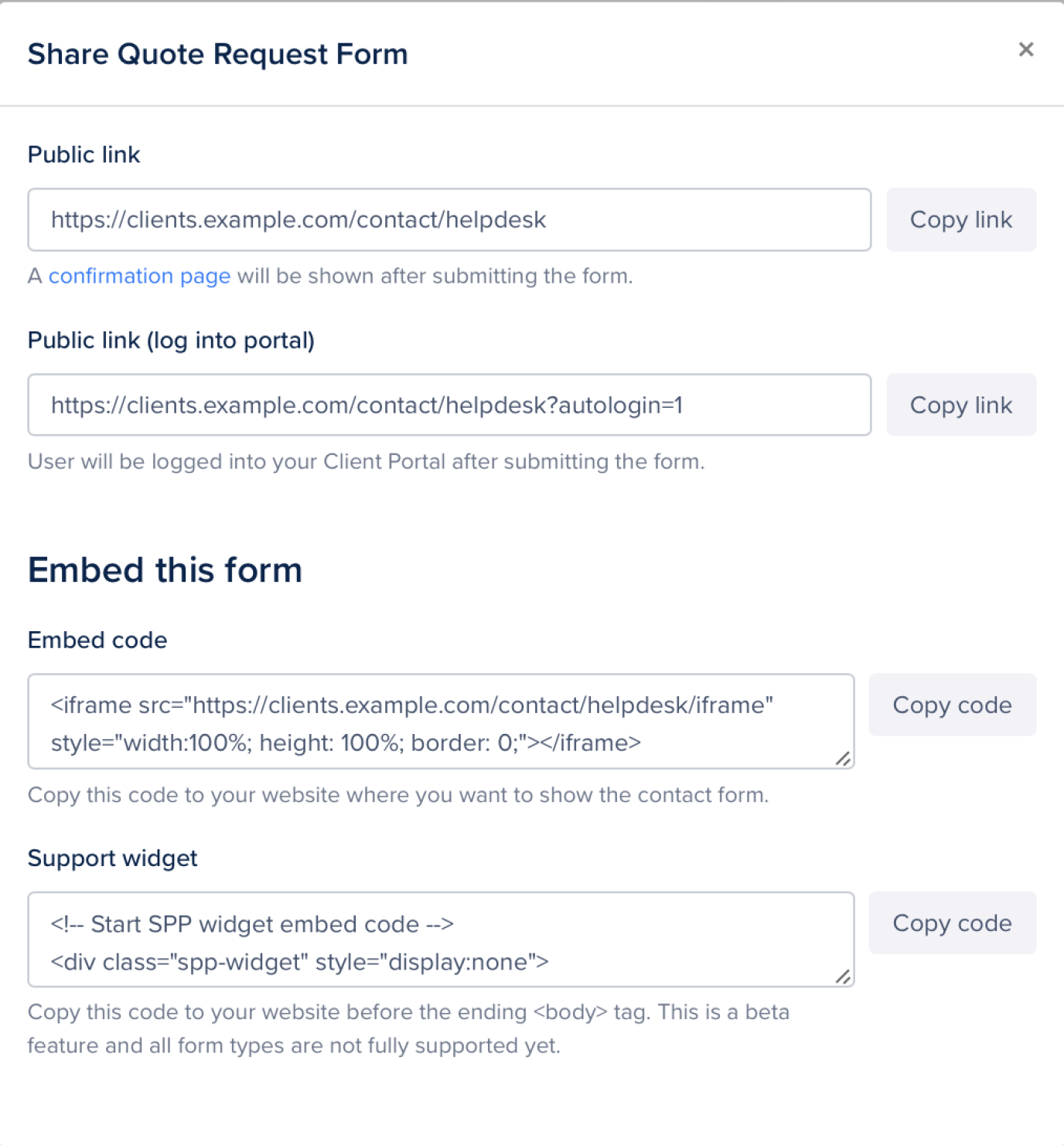 Share and embed contact forms in SPP