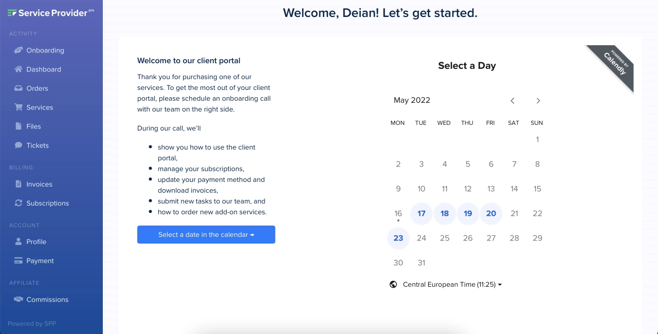 SPP onboarding page with demo call Calendly embed