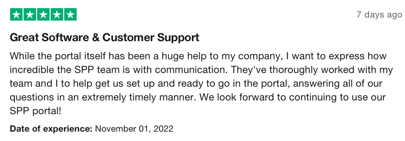 SPP.co 5-star review for customer support on TrustPilot