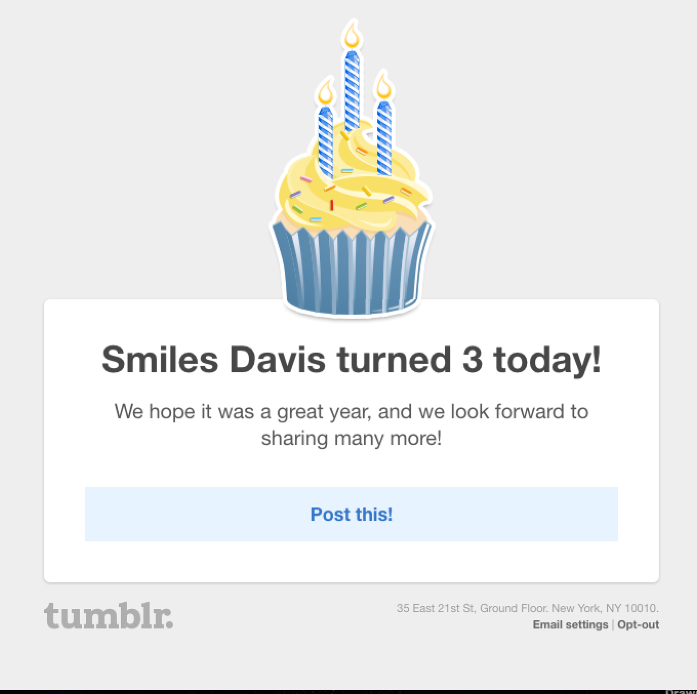 Tumblr yearly celebration retention email