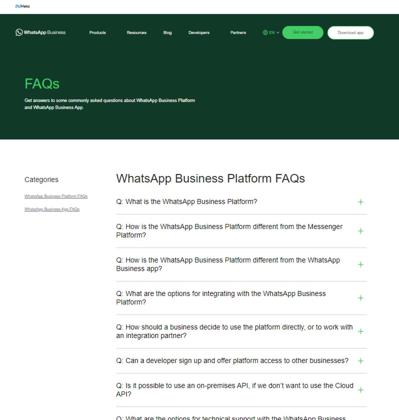 WhatsApp Business FAQ page
