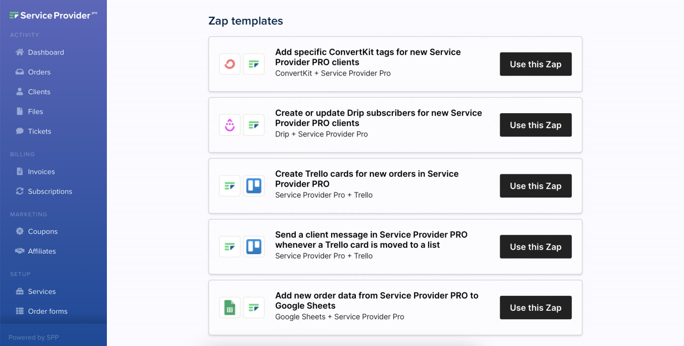 Zap templates in SPP Zapier integration