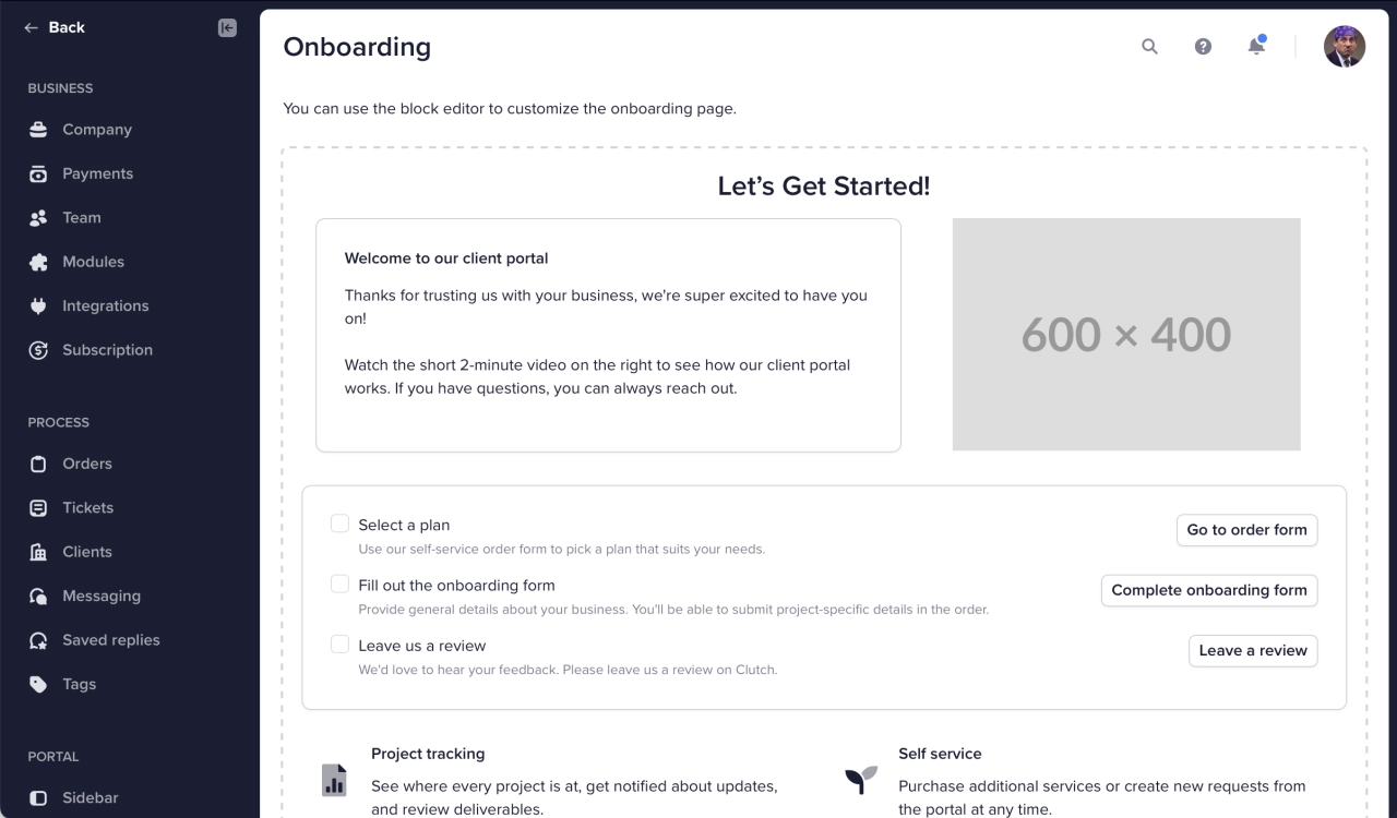 Client portal onboarding page editor