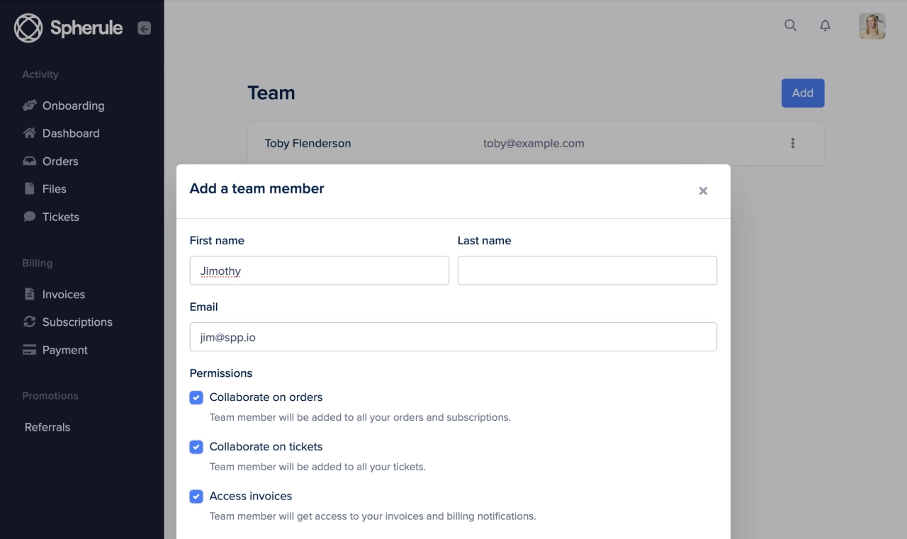 Client portal team management interface