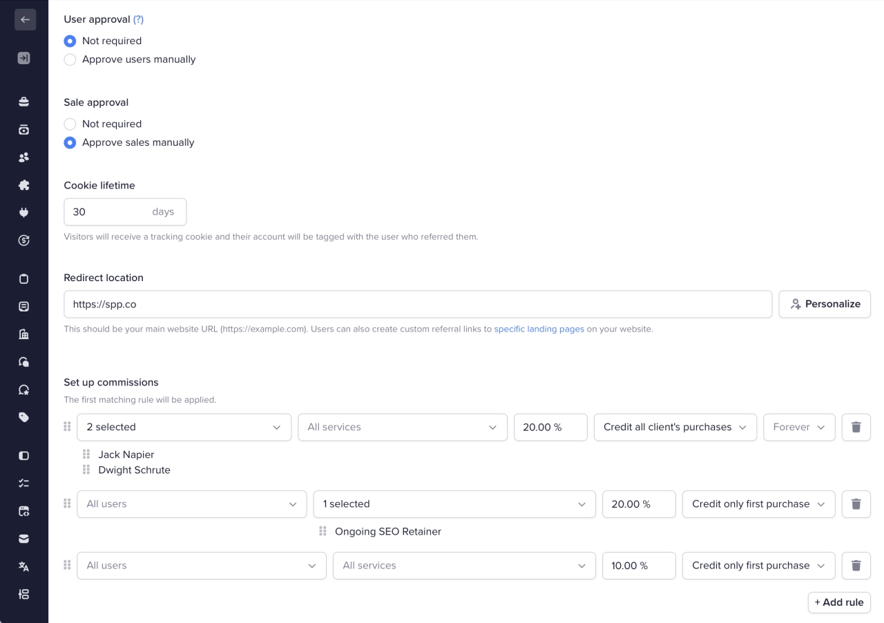 Referral commission settings