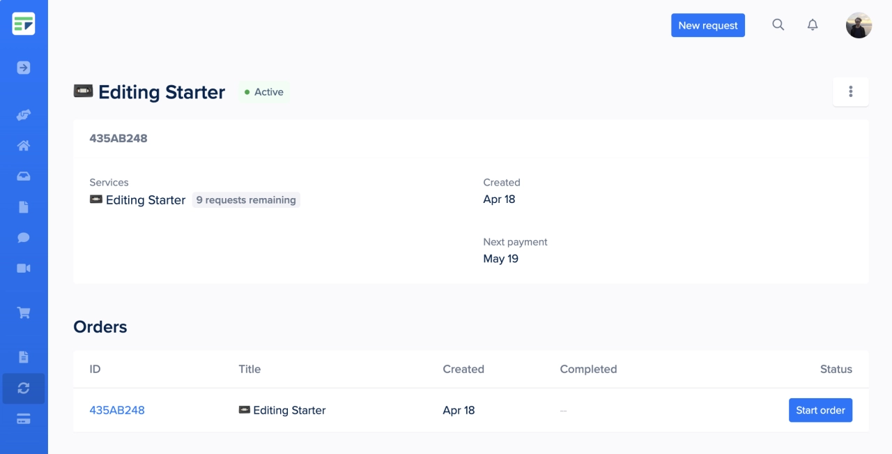 Clients can purchase request-based subscriptions. Client portal showing an active video editing subscription
